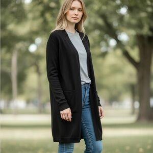 Black Open-Front Long Cardigan Sweater - Women